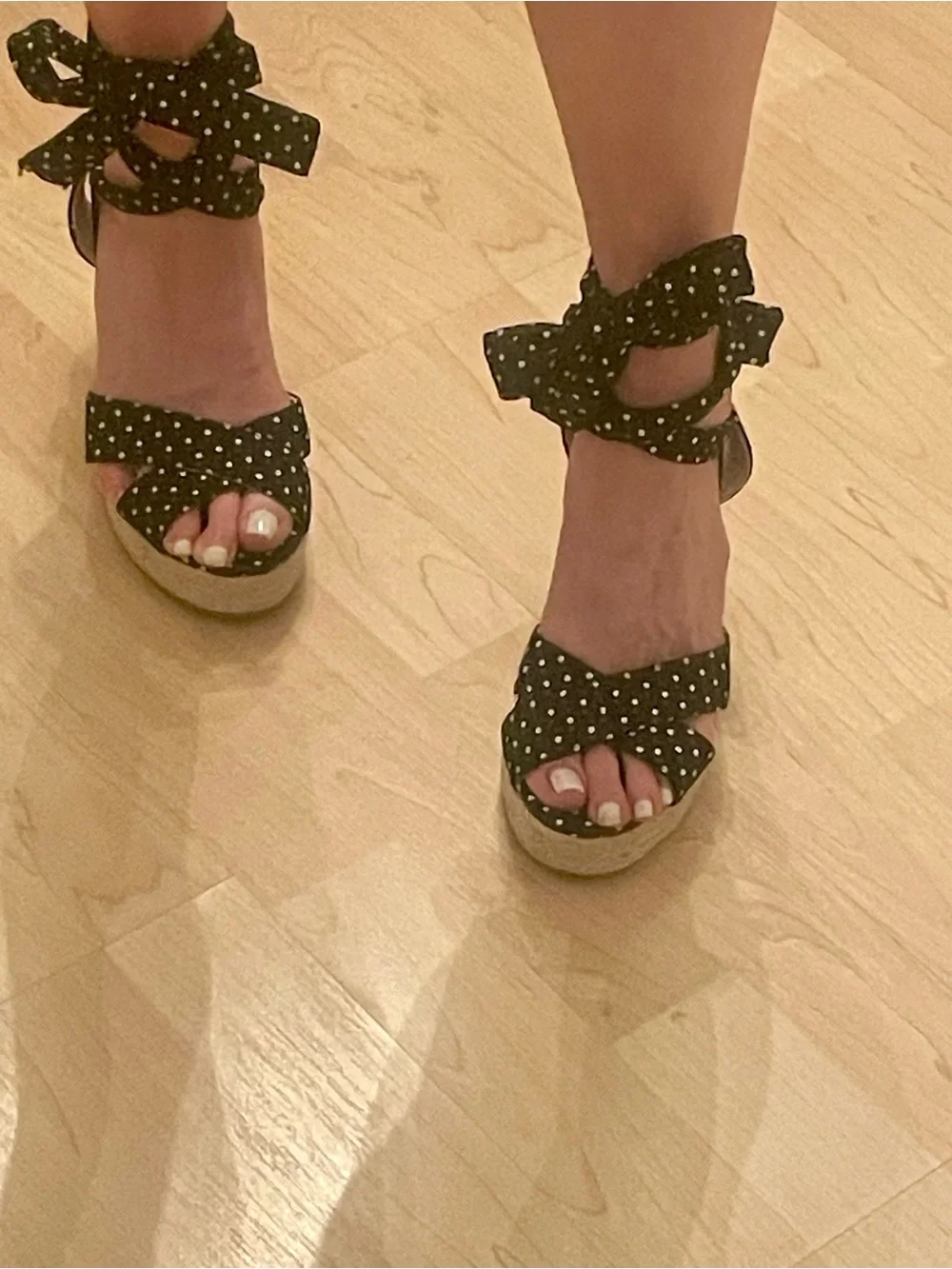 Polka Dot Ankle Tie Wedge Sandals - Black